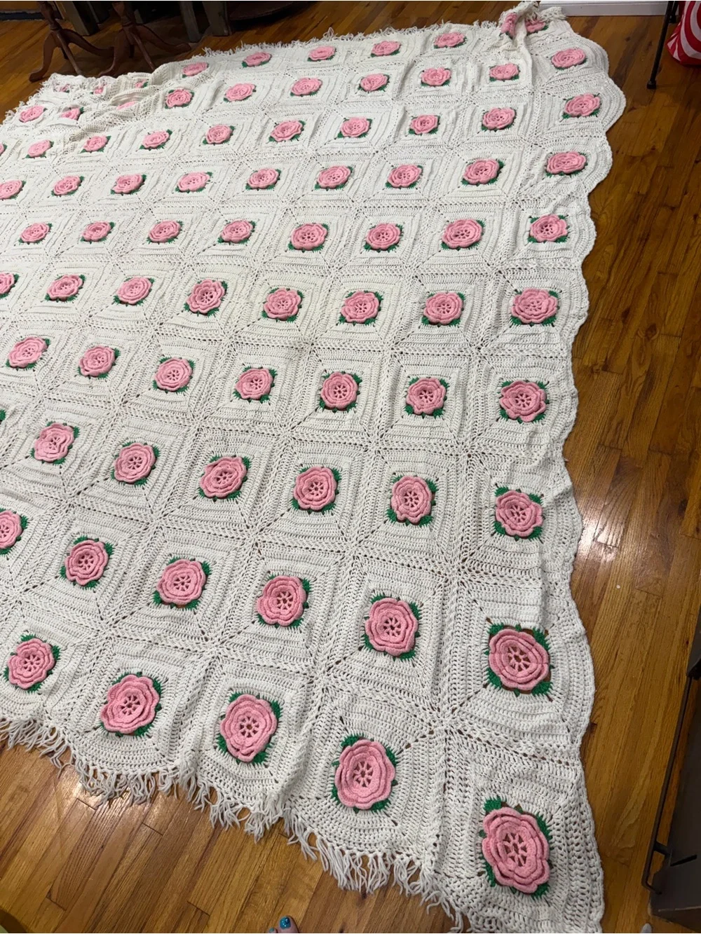 Handmade Cream Crochet Throw Blanket Pink Rose Appliqués King about 117x110”